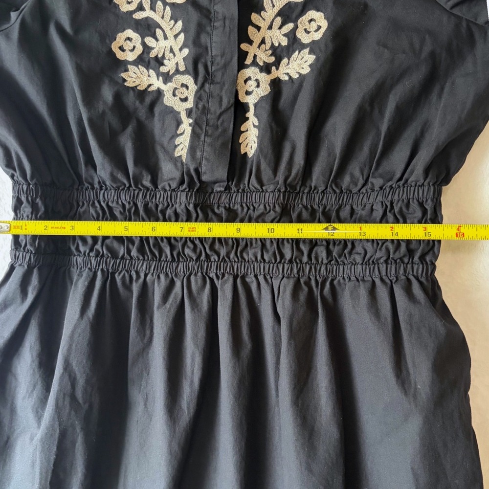 FRENCH CONNECTION Embroidered Midi Dress Size L Puff Sleeve Smocked Ruffle Black - Picture 13 of 15